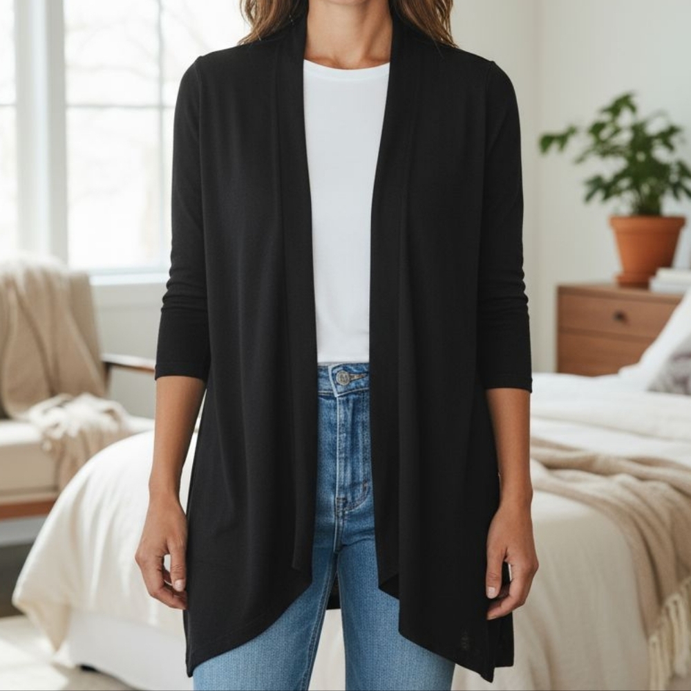 Ronni Nicole - NWT Black Open Front Cardigan Sweater W/ 3/4 Sleeves, Side Slits